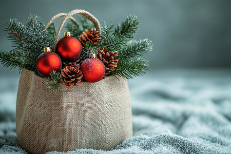 Reusable shopping bag made of fabric with Christmas tree branches on a white background. Christmas mood. Eco-friendly concept.の素材