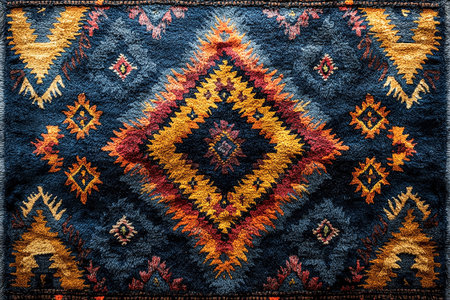 Handwoven rug texture with geometric print on a white background. Top view. Ethnic ornament.の素材