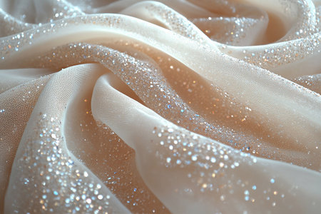 Bridal tulle fabric with crystal embellishments on a white background. Soft studio light. Fabric texture.の素材