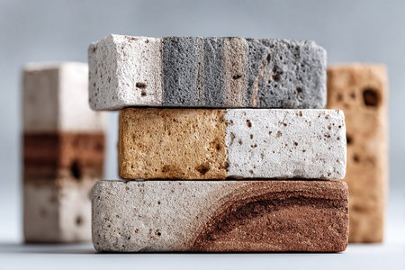 Stacked bricks with a trowel and mortar. Close-up. Textured and ready for construction. Housing.の素材