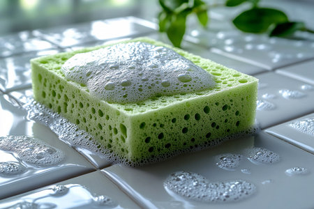 Green sponge with cleaning agent wiping a ceramic tile with soap bubbles. Close-up. For cleaning blogs.の素材