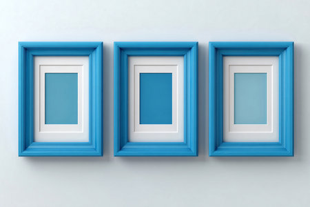 Empty blue photo frame for a collage of three photos in a minimalist style on a white background. Cozy decoration.の素材