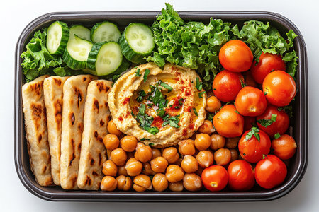 Plant based lunch box with hummus, roasted chickpeas, fresh veggie sticks and whole wheat pita bread on. Takeout lunch.の素材