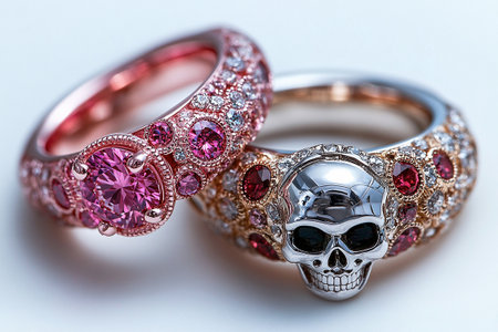 Love and commitment. Pair of gold wedding rings with a bold pattern on a white background. Original design.の素材