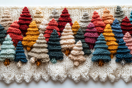 Crocheted bright Christmas trees on a white background. Christmas atmosphere. Creative hobby. Top view. Vintage Vibes.の素材