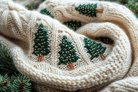 Crocheted bright Christmas trees on a winter background. Christmas atmosphere. Creative hobby. Winter Warmth. Vintage Vibes.の素材