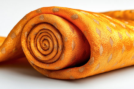 Luxury fashion. Gold-thread embroidered brocade fabricÂ for haute couture or decor. Roll brocade fabric on a white background.の素材