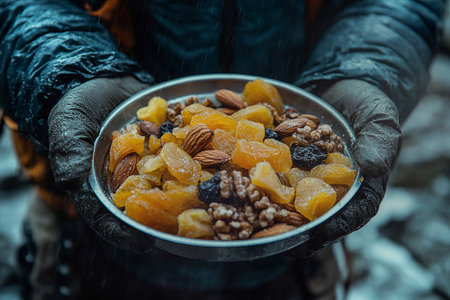 Freeze-dried fruit and nuts in a bowl surrounded by lush nature. Dried fruits. Wilderness snacks.の素材