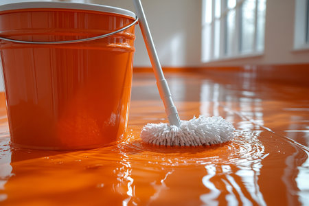Bucket with mop and water on a white background. Janitors, offices and professional cleaning services. Perform for professional cleaning service ads.の素材