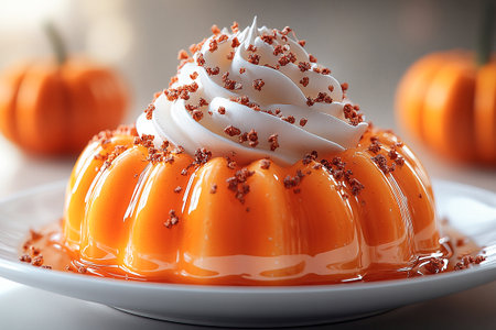 Pumpkin dessert in orange tones on a plate with soft lighting. Preparing for Halloween. Autumn atmosphere. For high-end restaurants.の素材