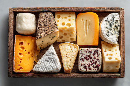 Tray with gourmet cheeseÂ with rustic farmhouse selections. Cheese board. Top view. Delicious breakfast.の素材