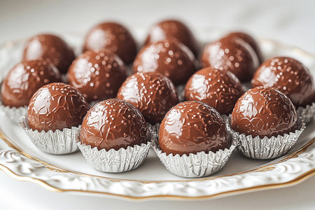 White plate with assortment of Gourmet Chocolates. Special occasion. Promoting premium chocolate brands.の素材