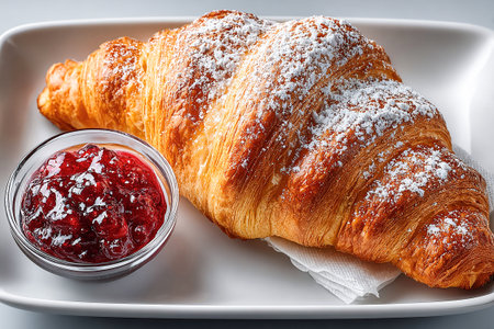 Breakfast on a tray with a plate of jam and croissant on a white background. Hotel breakfast styles. Top view. Easy meal prep.の素材