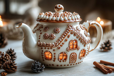 Gingerbread house shaped ceramic teapot with lid on a white background. Christmas atmosphere. Porcelain. Contemporary design.の素材