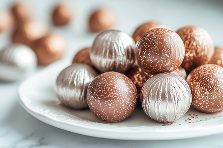 White plate with assortment of Gourmet Chocolates. Special occasion. For gourmet chocolate companies or luxury food brands.の素材