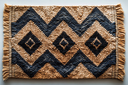 Handwoven rug texture with geometric print on a white background. Top view. Neutral colors.の素材