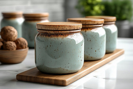 Ceramic containers with lid for storing groceries in a rustic style on a white background. Concept of aesthetic organization of kitchen space. Kitchen design.の素材
