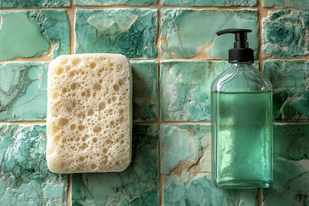 Top view of sponge next to a light detergent bottles on a background of ceramic tiles in green colors. Shiny surfaces.の素材