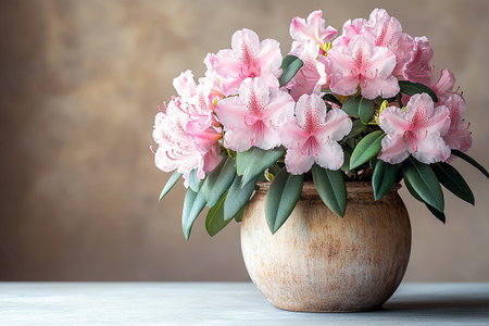 Rhododendron bush is growing in vintage pot with fleshy leaves and flowers. Blooming plant in pot.の素材