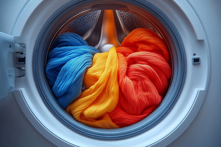 Colorful clothes folded in the drum of the washing machine visible through the glass door on a white background. Household. Commercial use.の素材