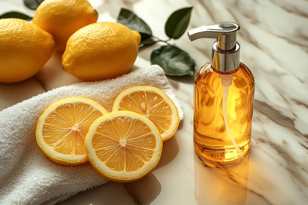 Minimalist flat lay cleaning concept. Single spray bottle, microfiber cloth and lemon on a white marble background. Eco friendly trends.の素材