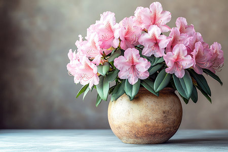 Rhododendron bush is growing in vintage pot with fleshy leaves and flowers. Bright plant in pot.の素材