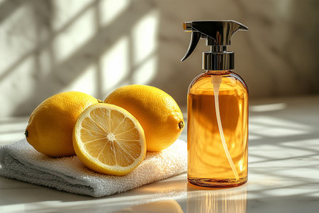 Minimalist flat lay cleaning concept. Single spray bottle, microfiber cloth and lemon on a white marble background. Brands need clean.の素材