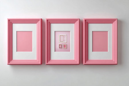 Picture frame. Empty pink photo frame for a collage of three photos in a minimalist style on a white background. Mock up for modern interior and branding. Template.の素材