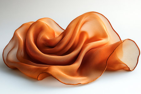 Flowing silk scarf Mocha Mousse color with soft folds on white surface. Elegant aesthetic. Perfect for editorial content or textile catalogs.の素材
