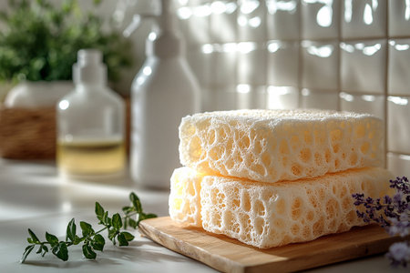 Natural loofah sponges with cleaning agent on light ceramic tiles background. Mockup for bathroom cleaning products. Eco friendly trends. Aesthetic space. Home cleaning blogs.の素材