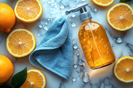 Minimalist flat lay cleaning concept. Single spray bottle, microfiber cloth and lemon on a white marble background. Lifestyle appeal.の素材