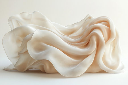 Elegant silk scarf in natural tones with soft, flowing folds, highlighting its luxurious texture against a white background. Fashion and accessories marketing. Textile industry.の素材