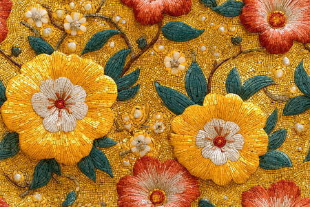 Mosaic of glass pearl yellow tiles. Floral pattern. Top view. Decorative material.の素材