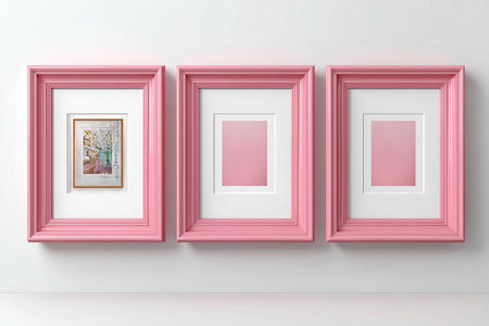 Picture frame. Empty pink photo frame for a collage of three photos in a minimalist style on a white background. Mock up for modern interior and branding. Simple design.の素材