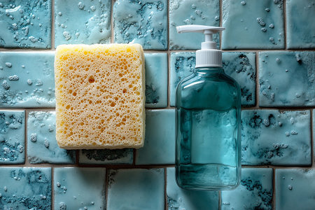 Top view of sponge next to a light detergent bottles on a background of ceramic tiles in blue colors. Minimalist flat lays.の素材