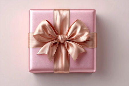 Square pink box wrapped with a silver bow on white background. Jewelry, birthdays and luxury branding. Elegant packaging. Top view. Holiday packaging.の素材