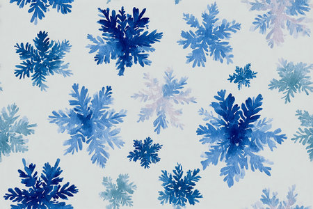 Seamless pattern in a drawing style. Blue snowflakes equidistant from each other. Minimalist style. Holiday design.の素材