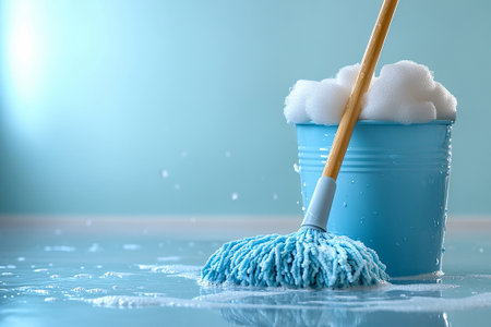 Bucket with mop and water on a white background. Janitors, offices and professional cleaning services. Perform for product manufacturers.の素材
