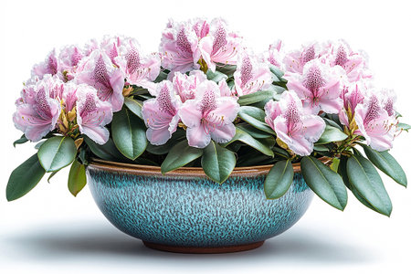 Rhododendron bush is growing in vintage pot with fleshy leaves and flowers. Bush is grow in ceramic pot.の素材