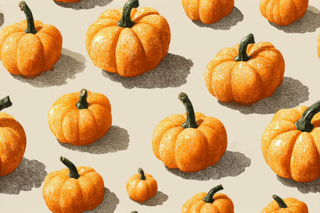 Seamless pattern. Orange small pumpkins in several rows. Minimalist style. Drawing style. Harvesting.の素材