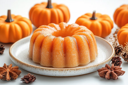Pumpkin dessert in orange tones on a plate with soft lighting. Preparing for Halloween. Autumn atmosphere. Trending marketing.の素材