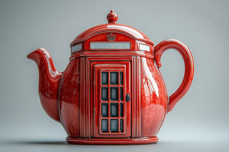 Ceramic teapot in shape of an English telephone booth on a white background. Classic style. Dining service.の素材