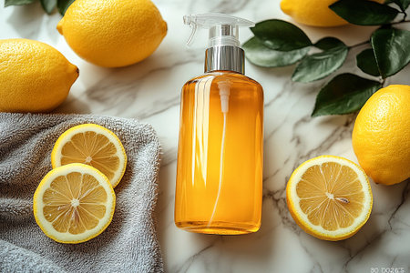 Minimalist flat lay cleaning concept. Single spray bottle, microfiber cloth and lemon on a white marble background. Cleaning and washing homework.の素材