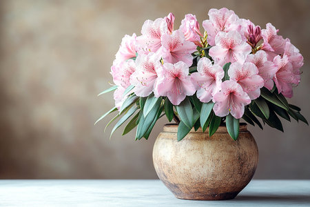 Rhododendron bush is growing in vintage pot with fleshy leaves and flowers. Vintage rustic pot.の素材