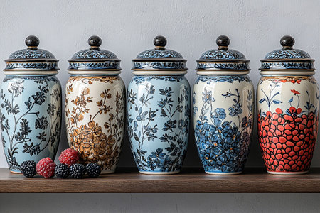 Ceramic containers with lid for storing groceries in a cottage style on a white background. Kitchen aesthetic.の素材