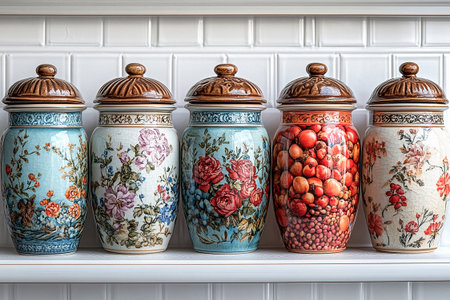 Ceramic containers with lid for storing groceries in a cottage style on a white background. Kitchen collection.の素材