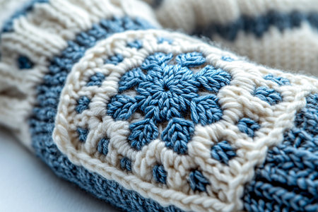 Trending in fashion. Crochet details of snowflakes pattern on a modern garment. Winter atmosphere in clothes. Creative hobby.の素材