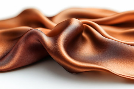 Flowing silk scarf Mocha Mousse color with soft folds on white surface. Elegant aesthetic. Craftsmanship and luxury accessories.の素材