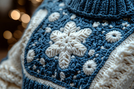 Trending in fashion. Crochet details of snowflakes pattern on a modern garment. Winter atmosphere in clothes. Vintage Vibes.の素材