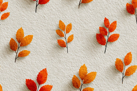 Orange autumn leaves equidistant from each other. Seamless pattern. Drawing style. Color image.の素材